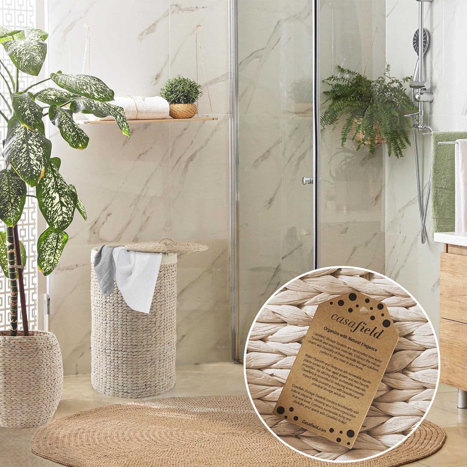 Casafield Round Laundry Hamper with Lid and Removable Liner Bag - Whitewash, Woven Water Hyacinth Wicker Laundry Basket for Clothes and Towels