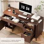 Alohappy 59" Fluted Executive Desk with 5 Drawers & Charging Station, Large Wood Computer Desk with File Drawer and Storage Cabinet, Modern Home Office Desk with Power Outlet for Study, Walnut