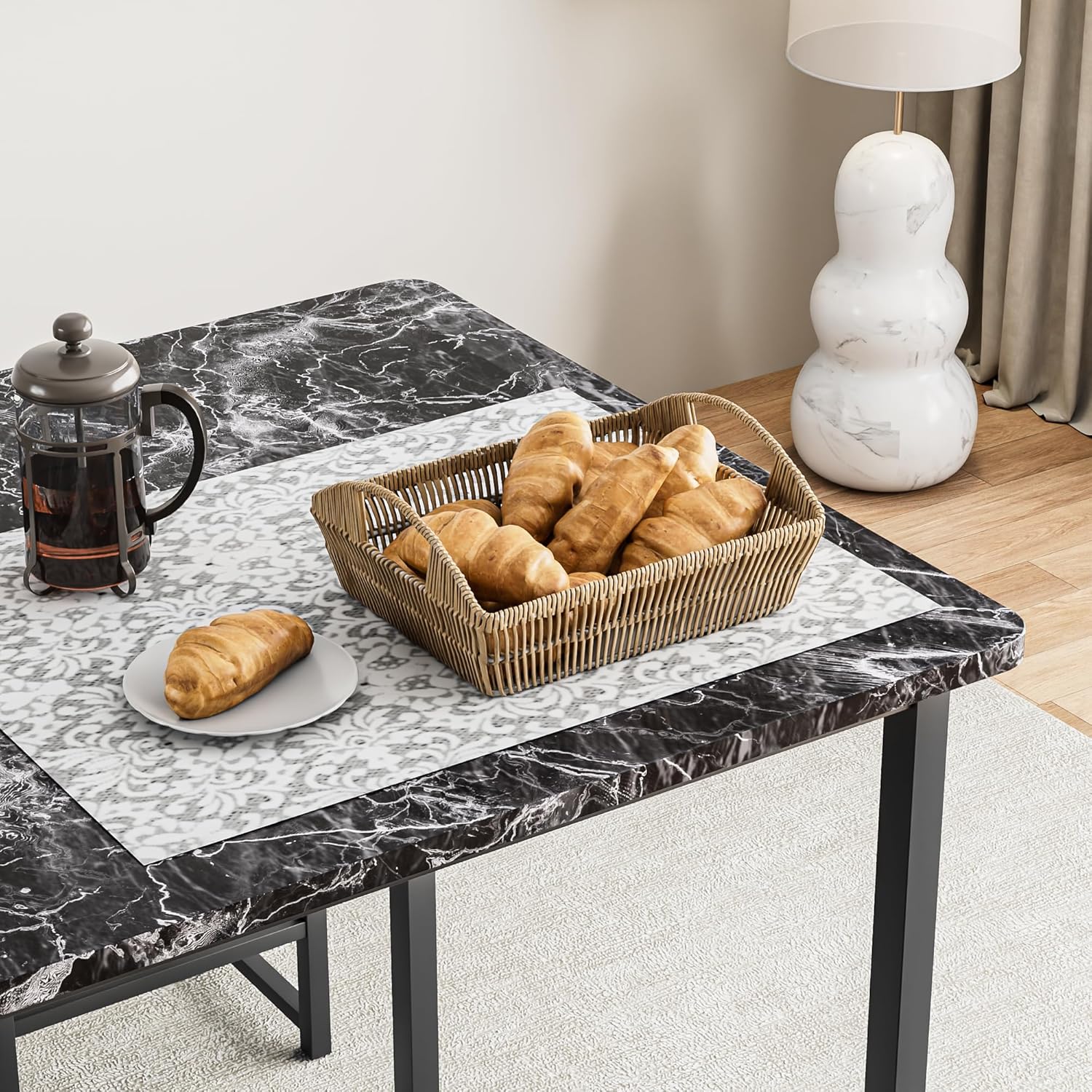 VECELO Kitchen Table and Chairs for 4, Dining Room Set with PU Chairs/Stools, Heavy-Duty Metal Frame, Faux Marble Tabletop, Space-Saving Design for Small Spaces, Easy Assembly, Veined Black
