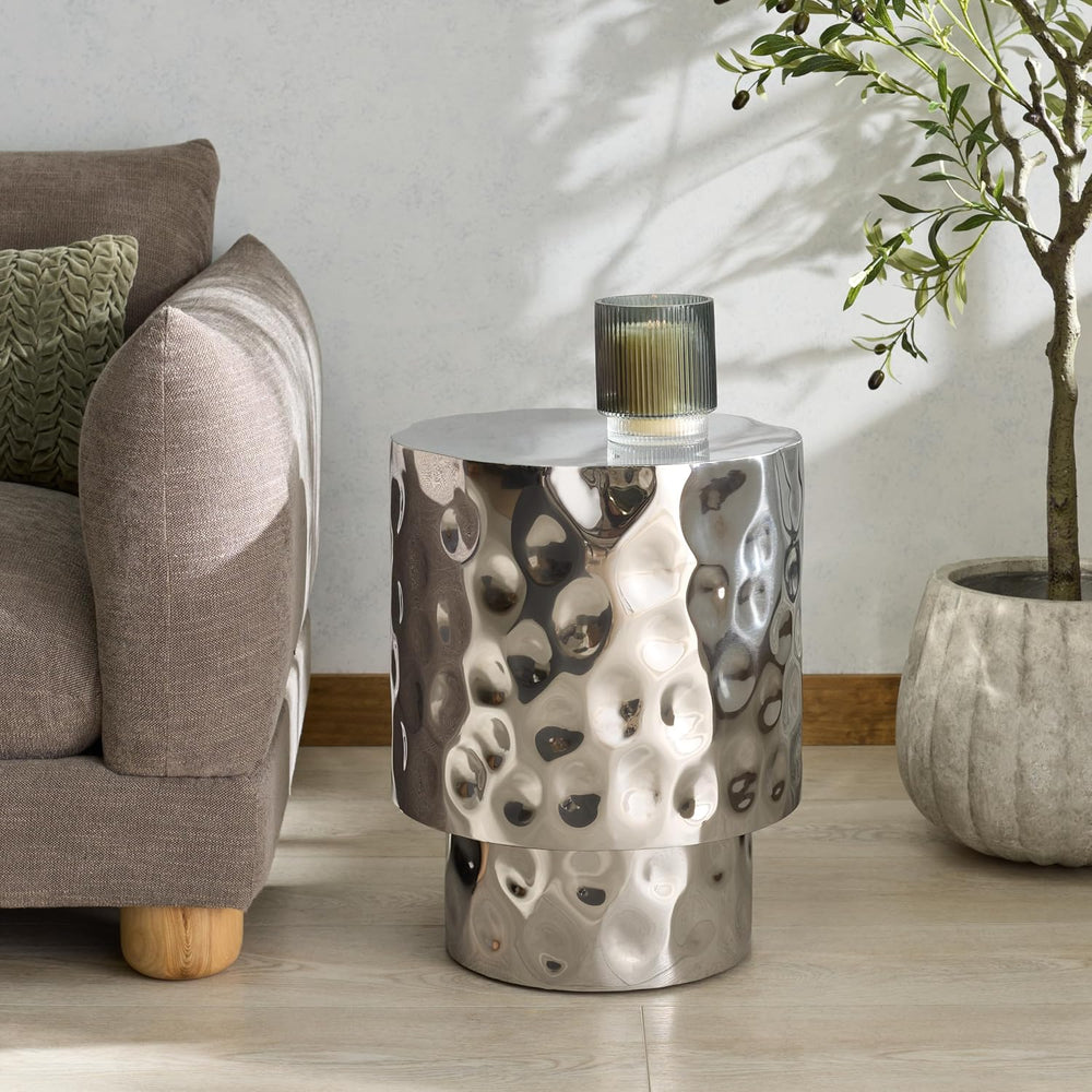 SAFAVIEH Couture Collection - Janalee Chrome Hammered Steel Accent Table, Rou...