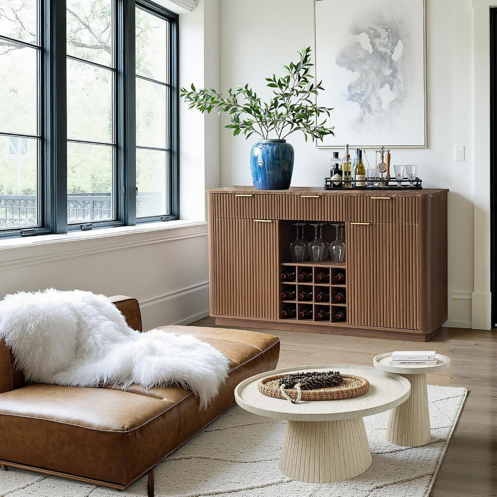 win2win 59" Fluted Wine Bar Cabinet, Mid-Century Modern Sideboard, Walnut | Home Bar with Faux Marble Top, 3 Spacious Drawers, 3 Stemware Racks, 12 Wine Racks, 2 Side Cabinets, Kitchen Dining Room