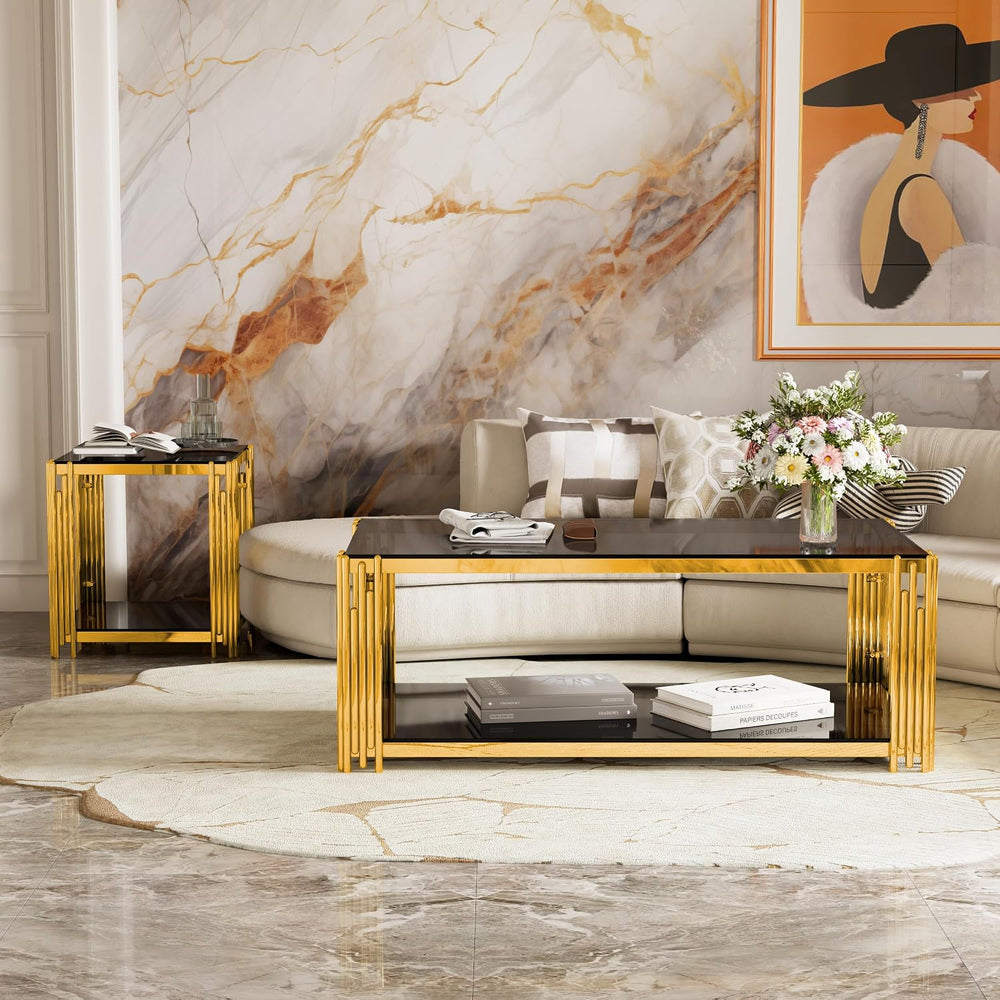 Black Mirror End Table for Living Room, Square,Asymmetrical Metal, Gold Lower...
