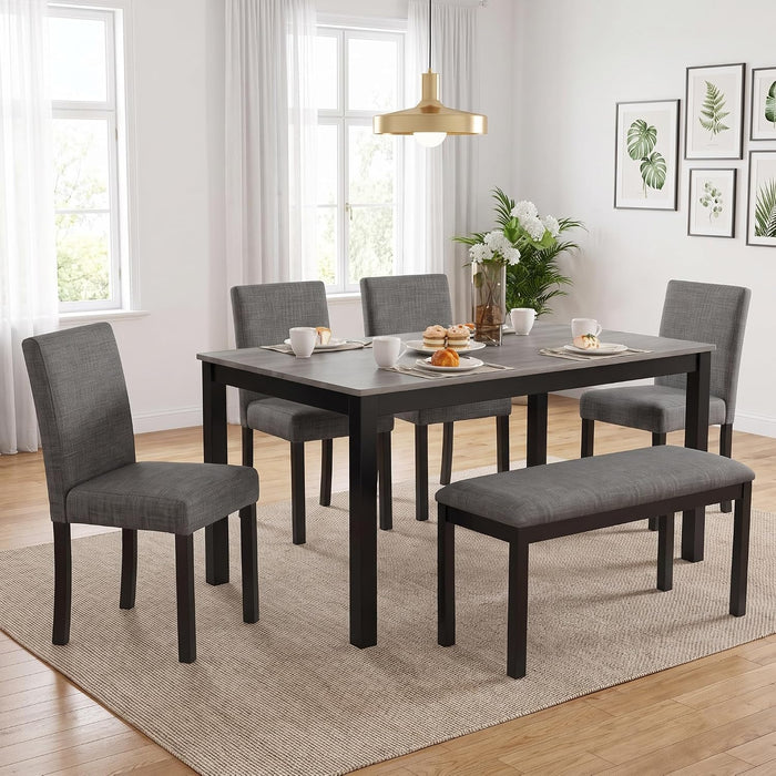 NicBex 6 Piece Farmhouse Dining Table Set, Wooden Dinner Table Set for 6, 58.5" Rectangular Table, 4 High Back Dining Chairs & Bench, Black&Gray