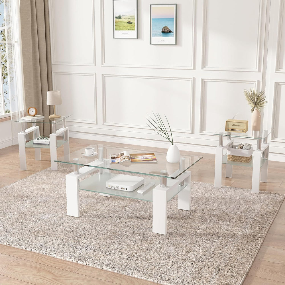 3 Piece Living Room Table Set, Glass Coffee Table and End Table Set of 3, Cof...