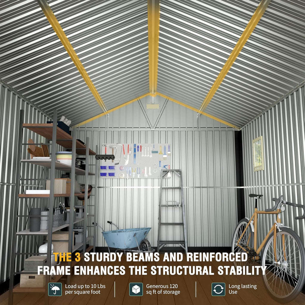 10x12 Ft Outdoor Storage Shed, Extra Large Metal Shed with Frame Floor, Lockable Doors, 2 Windows, Outside Steel Tiny House Ideal for Garden, Backyard, Patio Utility, Tool Storage