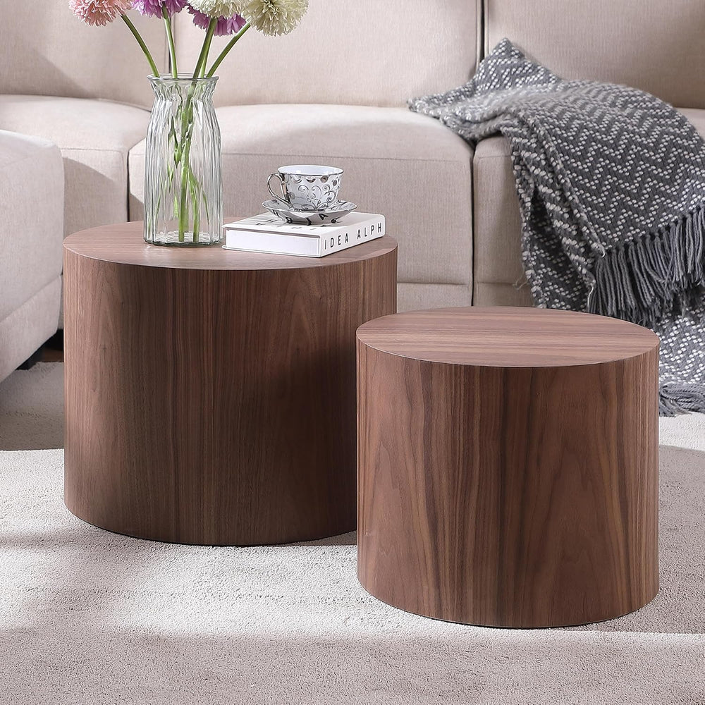 Small Coffee Table Nesting End Table Set of 2, Round Coffee Table Wood Side T...