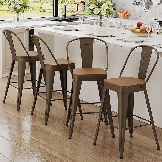 Andeworld Metal Bar Stools Set of 4, 26 inch Counter Height Barstools with Backs Farmhouse Modern High Back Bar Stools with Larger Seat Kitchen Dining Bar Chairs,Rusty