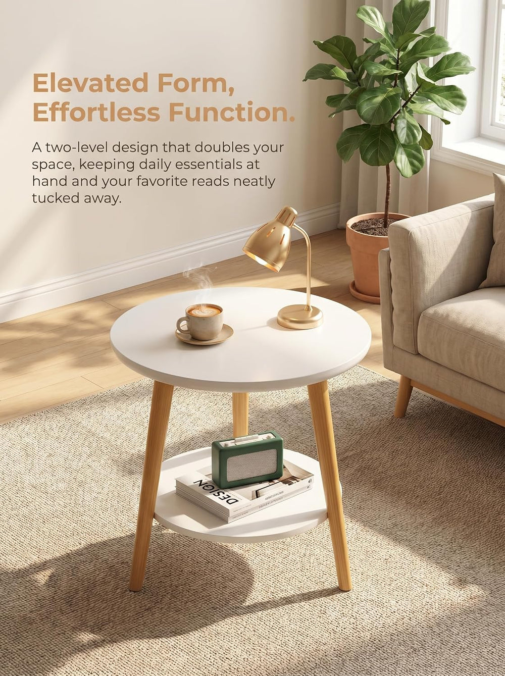 Round Side Table 2-Tier Wood Coffee Table Night Stand with Stable Triangle Le...
