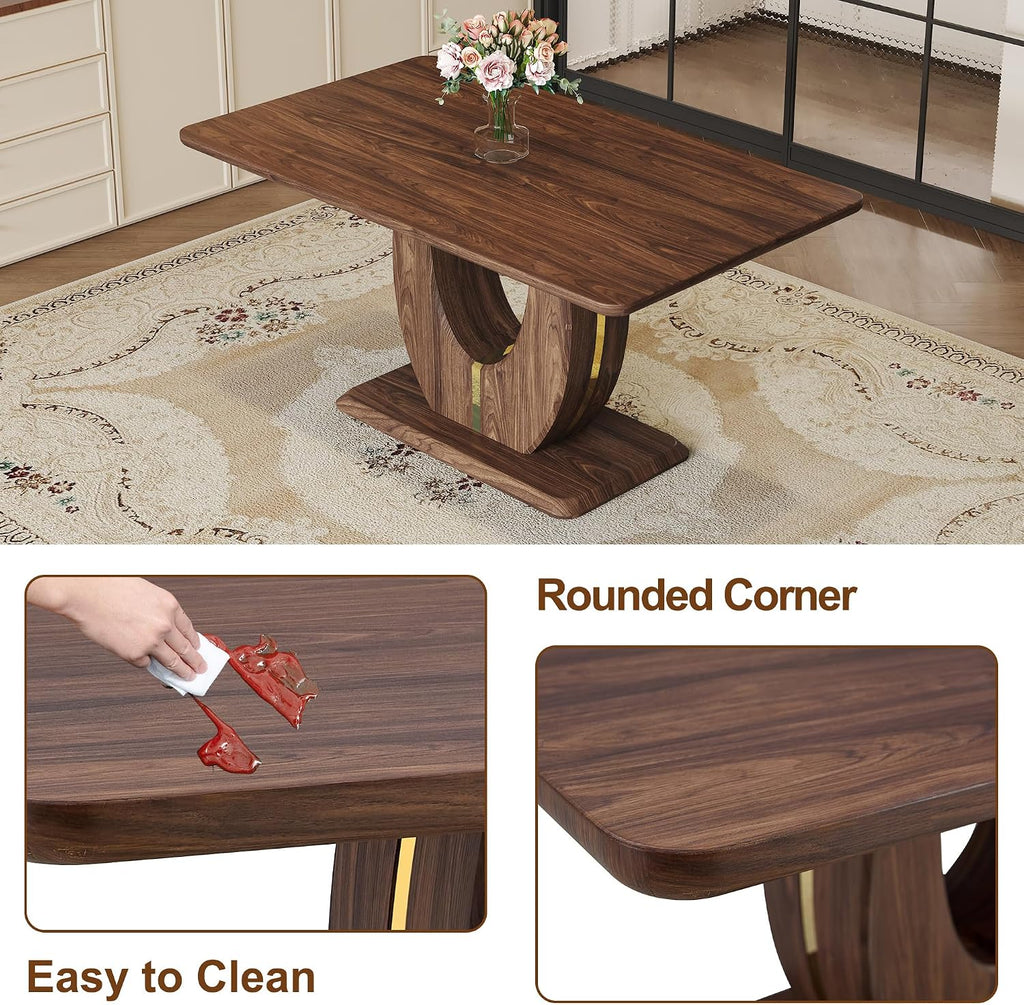 JUFU Dining Table Set for 6, 63 Inch Rectangular Kitchen Table and 6 PU Upholstered Chairs, Walnut Wood Grain MDF Tabletop, U-Shaped Pedestal Base, Modern Dining Room Set for Kitchen, Apartment