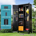 Metal Storage Cabinet 71" H, Garege Storage with Stainless Steel Bottom, Black Cleaning Supplies Organization Cabinet with Lockable Doors and Hanging Rod for Outdoor, Home Office
