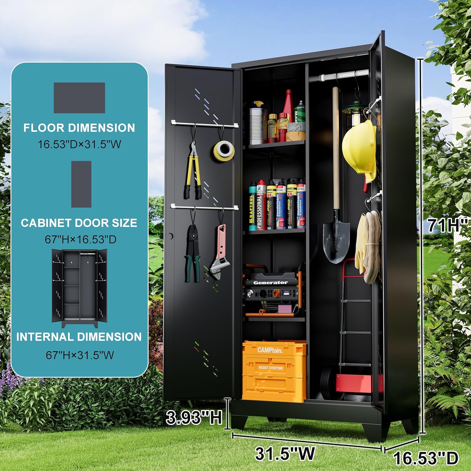 Metal Storage Cabinet 71" H, Garege Storage with Stainless Steel Bottom, Black Cleaning Supplies Organization Cabinet with Lockable Doors and Hanging Rod for Outdoor, Home Office