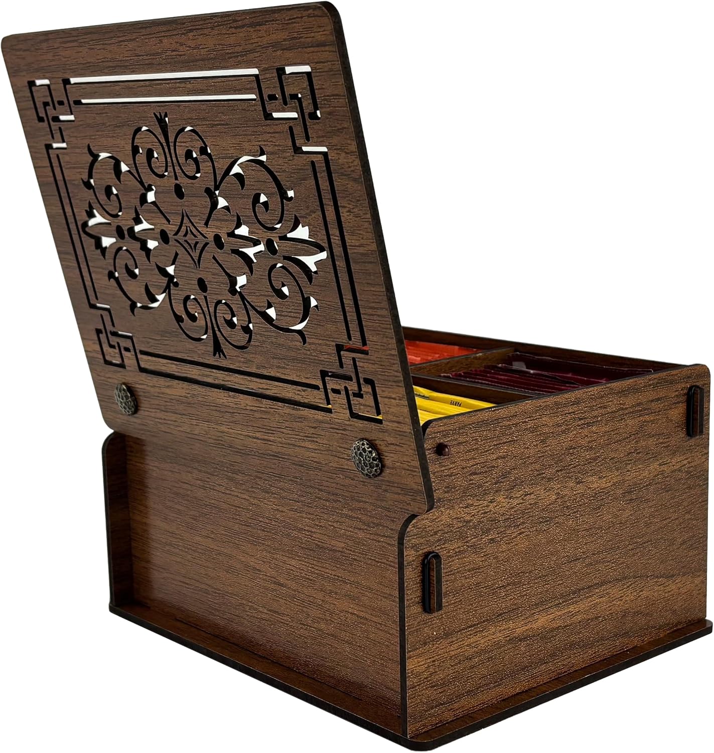 RoyalHouse Premium Wood Tea Storage Box Organizer, Tea Bag Holder Containers (Brown), Eco-Friendly Multi-Functional Decorative Box, 4 Compartments For Assorted Variety Of Small Items | Eco Friendly Design,Functional Organizer,Perfect for Tea Bags & Small