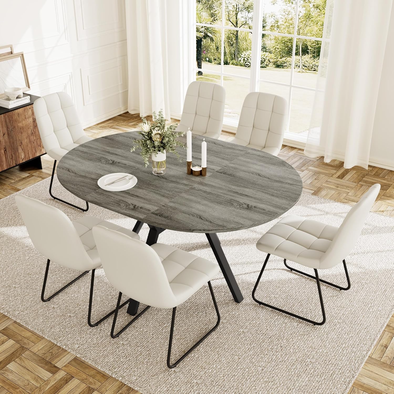 HIPIHOM Extendable Round Dining Table Set for 6 People, 43.3"-59.1" Extendable Kitchen Table with 6 Upholstered Chairs, Space Saving for Kitchen Dining Room (Grey Table+6 U-Shaped White Chairs)