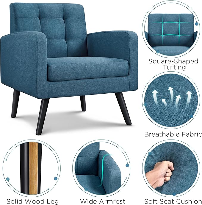 Yaheetech Mid-Century Accent Chairs, Modern Upholstered Living Room Chair, Cozy Armchair Button Tufted Back and Wood Legs for Bedroom/Office/Cafe, Set of 2, Navy Blue