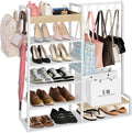 2-in-1 Shoe Rack for Closet with Purse Organizer, 5 Tier Shoes Shelf with Wooden Tray and Removable Shelves, Storage Organizer for Entryway, Garage, Hold Boots, Backpacks, White