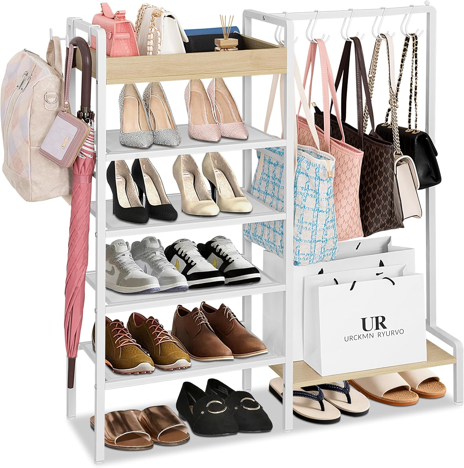 2-in-1 Shoe Rack for Closet with Purse Organizer, 5 Tier Shoes Shelf with Wooden Tray and Removable Shelves, Storage Organizer for Entryway, Garage, Hold Boots, Backpacks, White