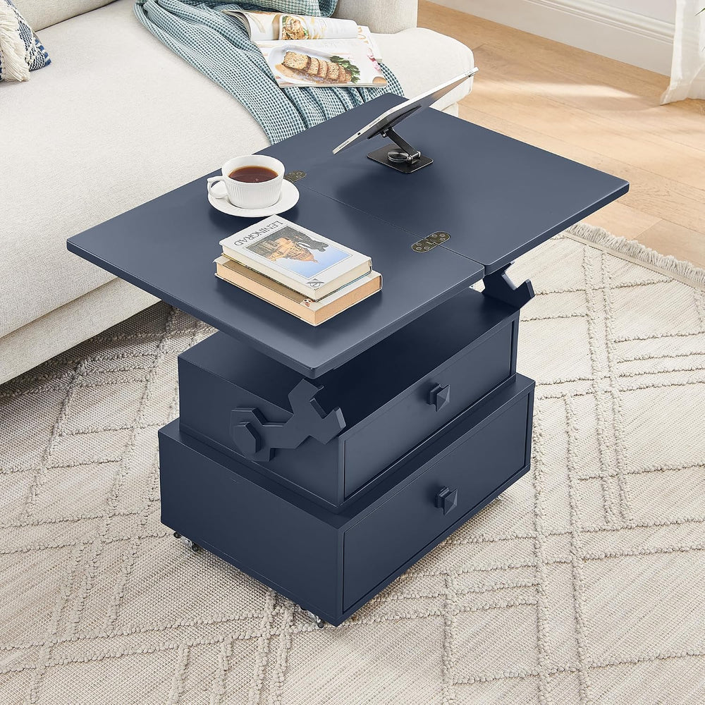 Adjustable Height Lift-Top End Table with Charging Station, High-Gloss Lacque...