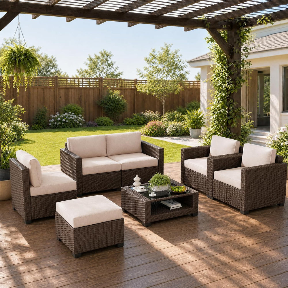 LOUVIXA 7 Piece Outdoor Patio Furniture Set, Rattan Chairs Glass Table Wicker...