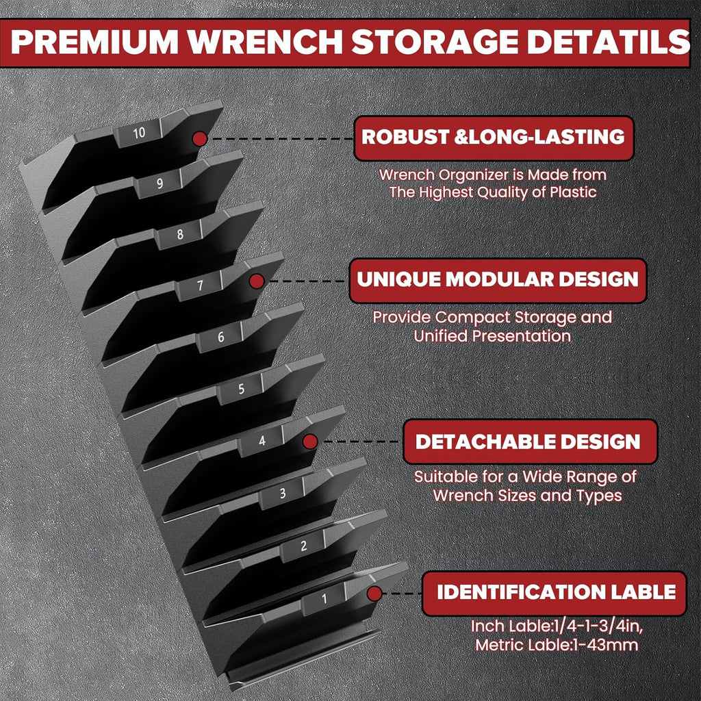 80PCS Modular Wrench Organizer Wrench Holder - Wrench Tool Organizers for Tool Drawer Storage, Wrench Storage Set with Metric & SAE Label, Rack Tool Gift for Professional Mechanics Men, Black