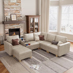 SITJOY 105" Faux Leather Modular Sectional Sofa with Storage, Mid Century Modern Sectional Couches for Living Room, 6 Seat V Shaped Couch with Ottoman and Console Table, Hidden Cupholders, Greige