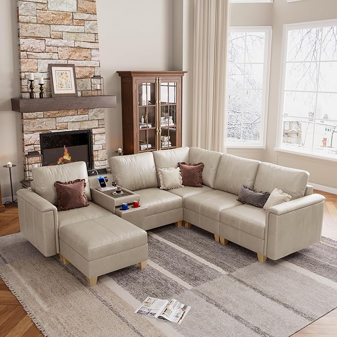 SITJOY 105" Faux Leather Modular Sectional Sofa with Storage, Mid Century Modern Sectional Couches for Living Room, 6 Seat V Shaped Couch with Ottoman and Console Table, Hidden Cupholders, Greige