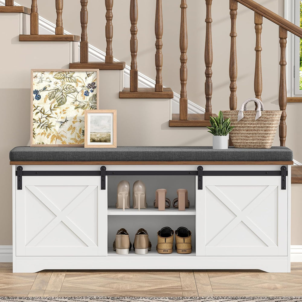 Farmhouse Storage Bench with Cushion, 47.2" Shoe Bench with Slide Barn D...