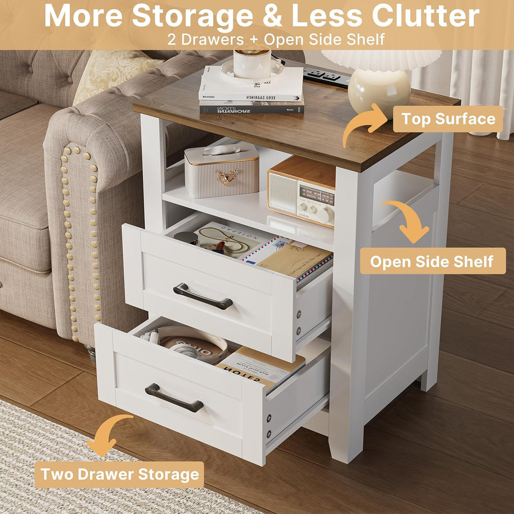 Decofy Farmhouse 2-Drawer Nightstand Set of 2 with Charging Station, White