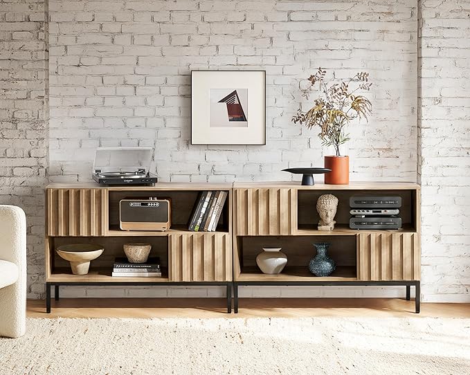mopio Norwin Entryway Table, Sturdy Modern Rustic Industrial Farmhouse Sofa Table, Display Storage Shelf, Accent Cabinet, Oak Wood TV Stand, Entertainment Center, Media Console, Living Room (Double)