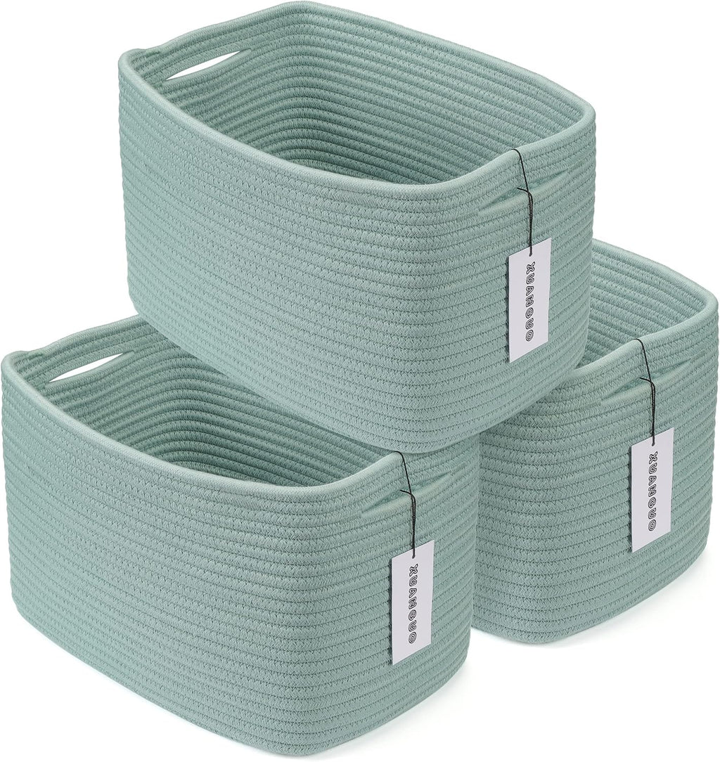 XUANGUO Woven Cotton Rope Storage Baskets 15x10x9.3" 3 Pack Green | Decorative rectangular storage baskets for shelves and closets; storage bins organize clothes, toys, books and nursery items.