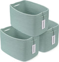 XUANGUO Woven Cotton Rope Storage Baskets 15x10x9.3" 3 Pack Green | Decorative rectangular storage baskets for shelves and closets; storage bins organize clothes, toys, books and nursery items.