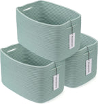 XUANGUO Woven Cotton Rope Storage Baskets 15x10x9.3" 3 Pack Green | Decorative rectangular storage baskets for shelves and closets; storage bins organize clothes, toys, books and nursery items.