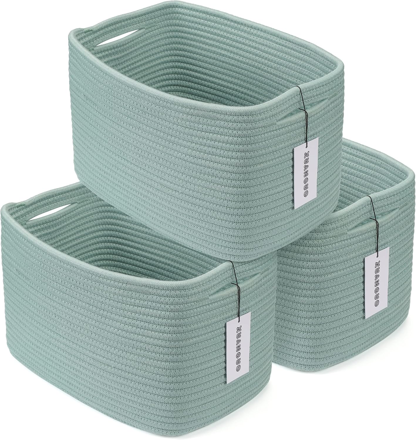 XUANGUO Woven Cotton Rope Storage Baskets 15x10x9.3" 3 Pack Green | Decorative rectangular storage baskets for shelves and closets; storage bins organize clothes, toys, books and nursery items.