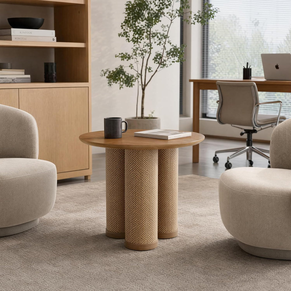 20" Round Walnut Wood End Table, Modern Side Table with 3 Textured Cylin...