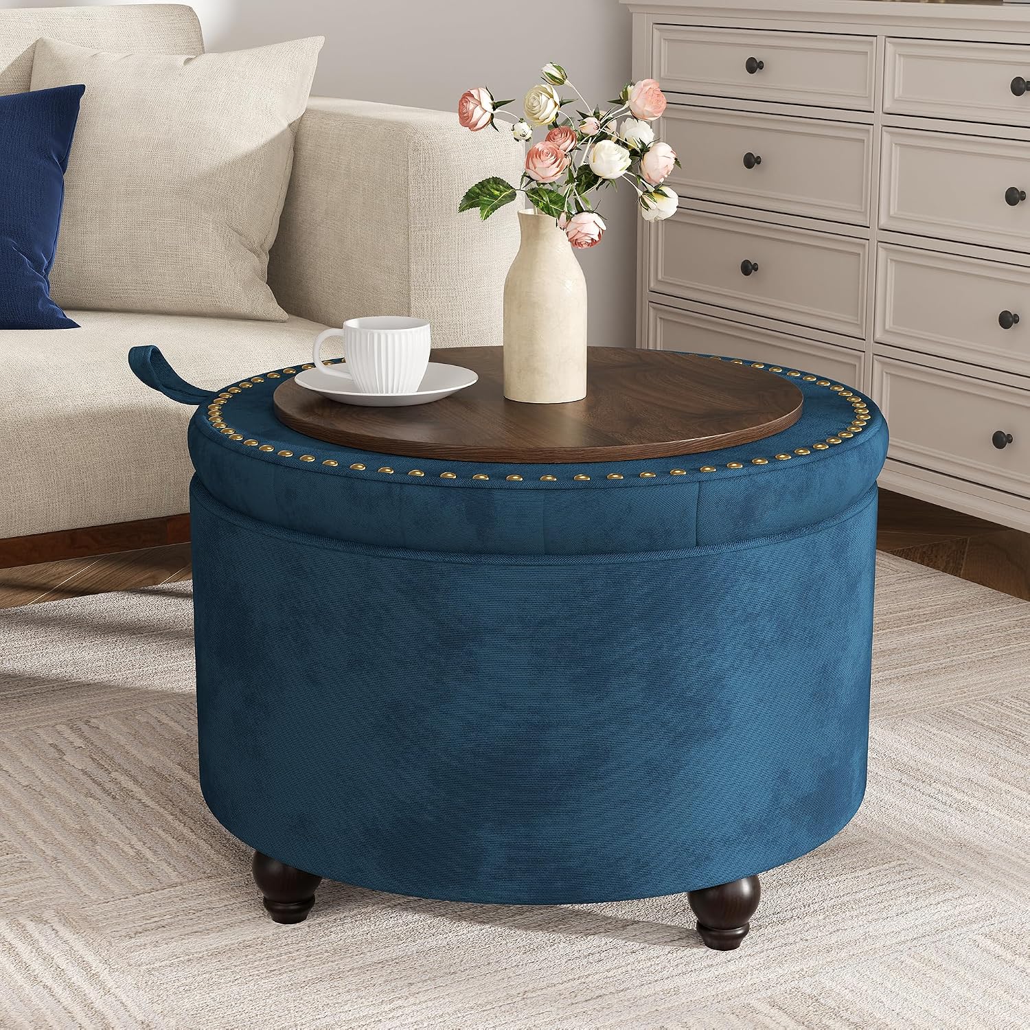 24 Inch Round Storage Ottoman,Modern Tufted Ottomans,Circular Coffee Table with Removable Top,Upholstered Large Ottoman with Storage Footrest Stool for Bedroom Living Room (Blue)