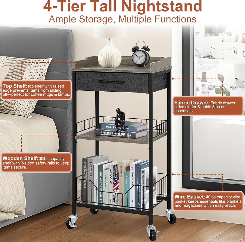 Tall Side Table with Drawer and Shelves, Narrow End Table with Optional Wheel...