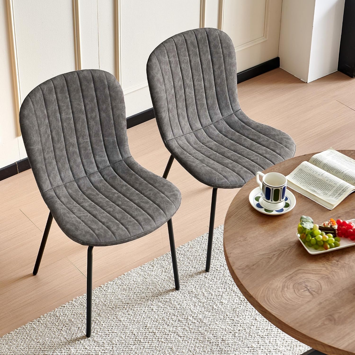 37 Inch Round Dining Table Set for 4, Modern Small Circle Kitchen Coffee Set for Apartment Living Room Office, Save Space(1 Wooden Table + 2 Grey PU Leather Chairs)
