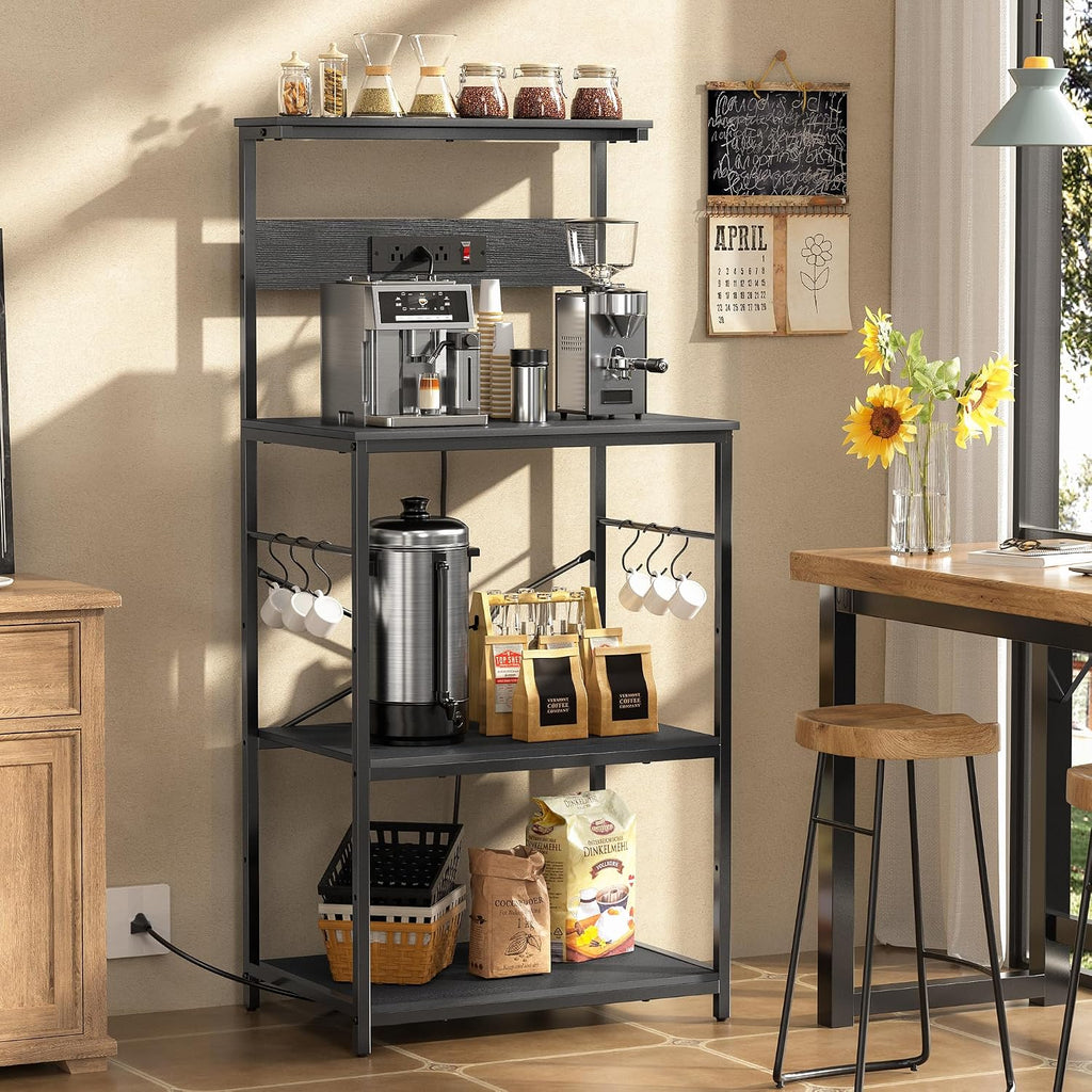 VUSIGN Kitchen Bakers Rack with Power Outlet, 4 Tiers Microwave Stand with Storage, 23.6 Inch Coffee Bar Station with 6 S Hooks, Adjustable Shelf Rack for Pots/Pans/Spices, Black