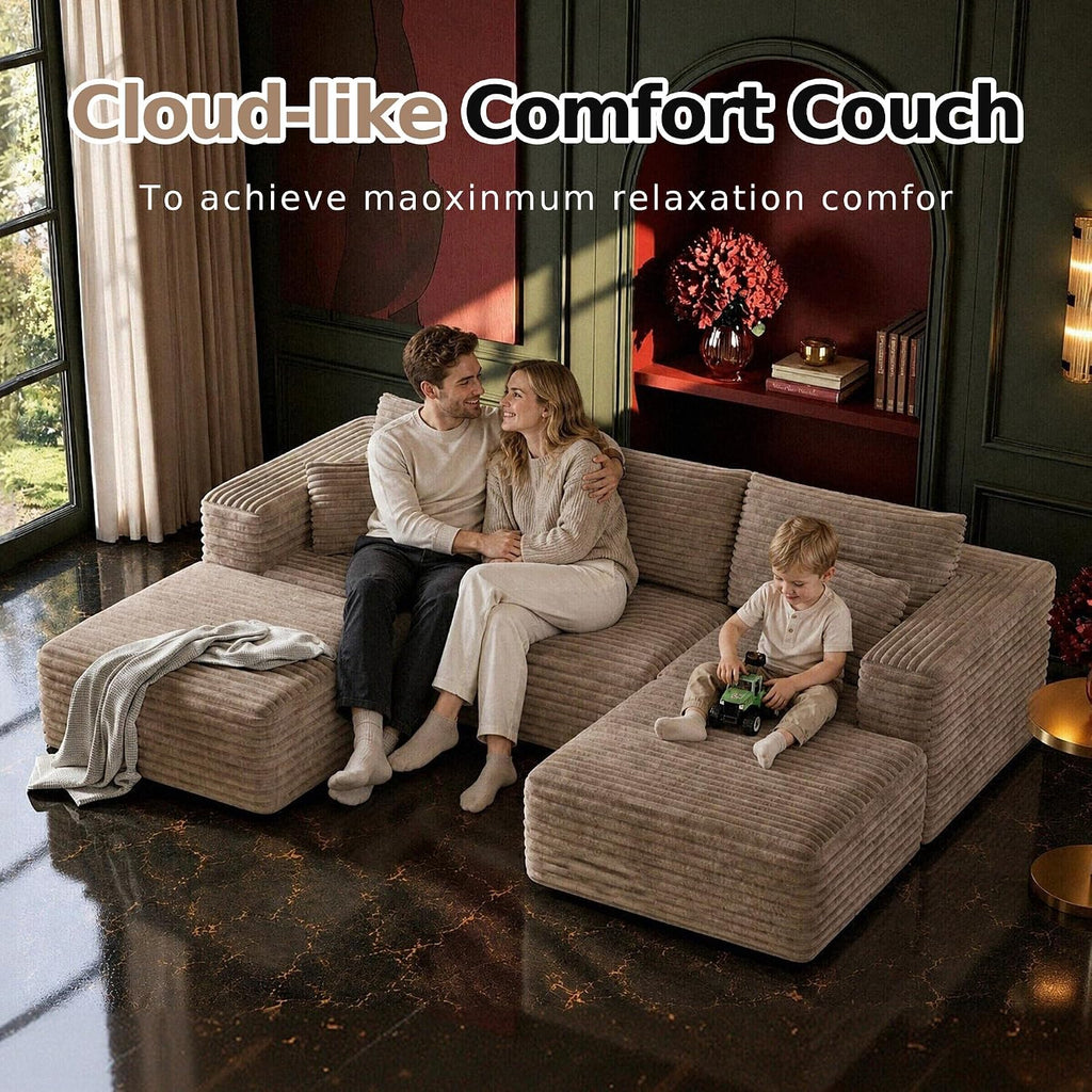 MoonSpeak 108" Boneless Sectional Cloud U Shaped Couch, Khaki | deep seat, 2 movable ottomans, soft corduroy fabric, no assembly, compressed delivery for living rooms