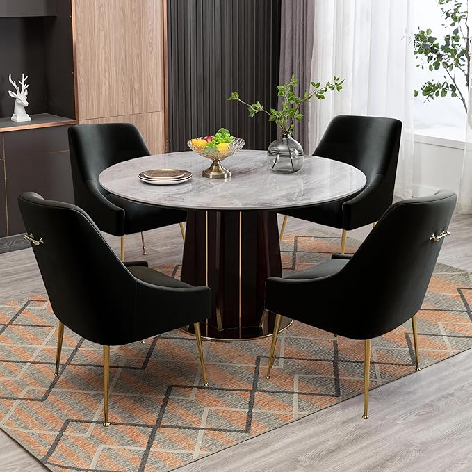 Modern Velvet Dining Chairs Set of 4, Contemporary Upholstered Furniture Collection with Polished Gold Metal Legs, Elegant Accent Chairs for Kitchen Living Room(Black)