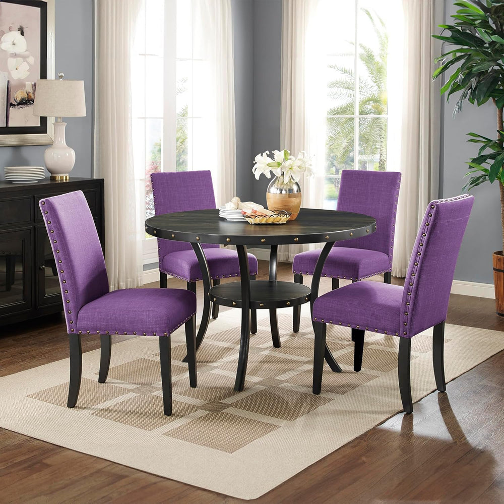 Roundhill Furniture Biony Espresso Wood Dining Set with 4 Fabric Nailhead Cha...