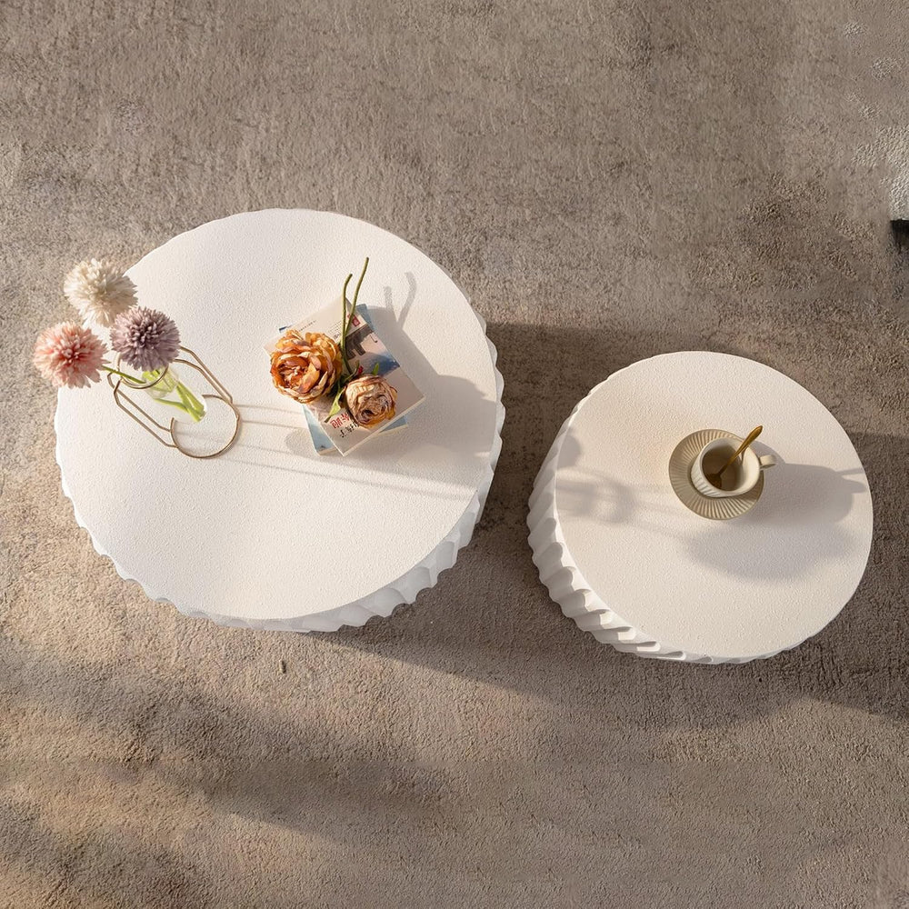 White Round Nesting Coffee Table Set of 2, Drum Side Table, Scalloped End Tab...