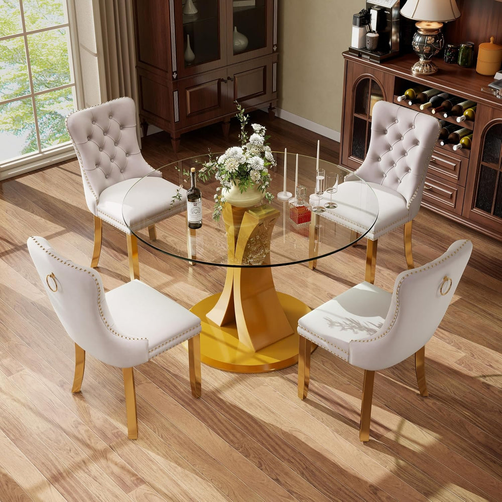 5-Piece Dining Table Set with 39In Tempered Glass Table and 4 Velvet Upholste...