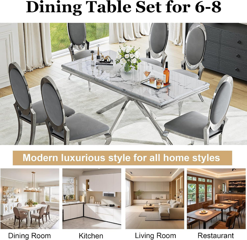 Luxury 7-Piece Dining Room Set, 70 Inch Silver Large Kitchen Table with Oval ...