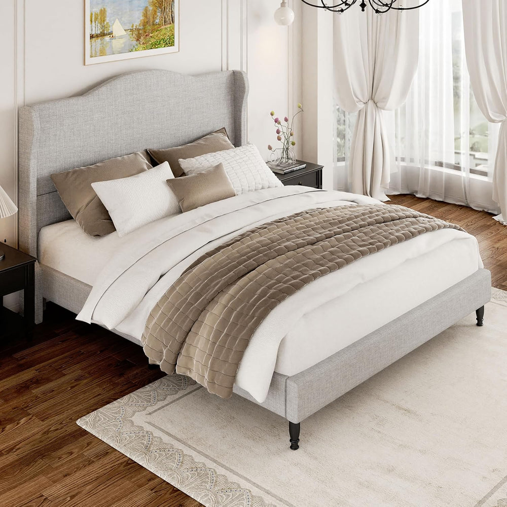 Tall Headboard Queen Bed Frame, Beige