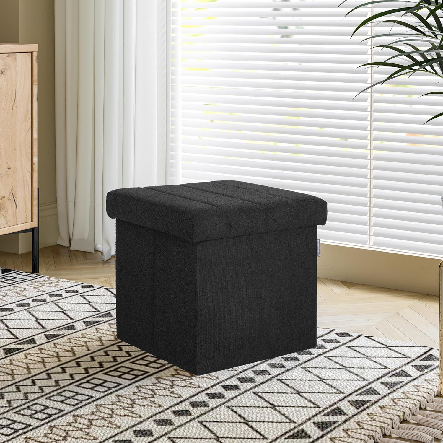 Seville Classics Cushioned Fabric Ottoman Hidden Storage Chest Footrest Chair, Padded Seat for Bedroom, Dorm, Loft, Living Room, Entryway, Hallway, Black Boucle, 15.7" Cube