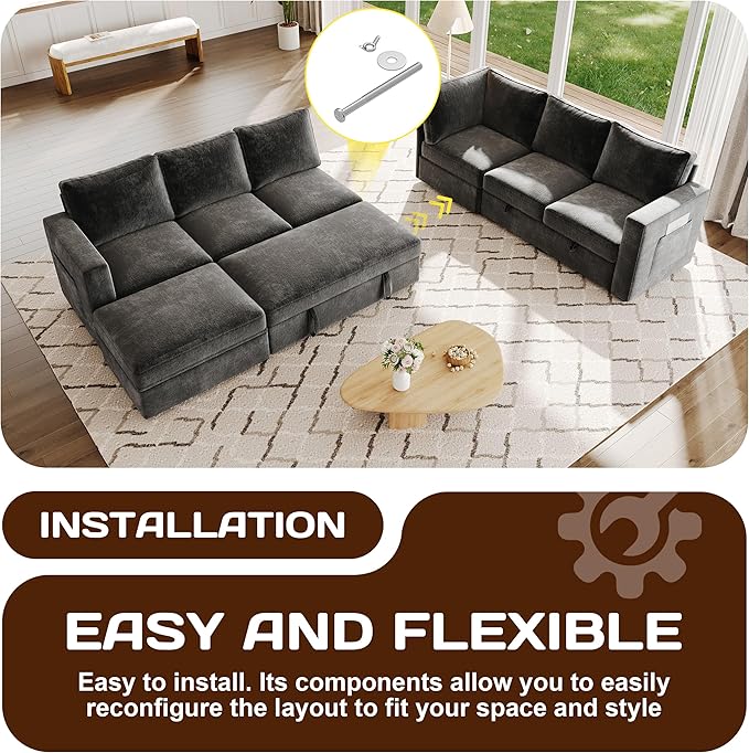 106.7" Sectional Sleeper Sofa with Pull Out Couch, Modern 7 Seat U Shaped Modular Couch, Sectionals Modular Sofa with Storage, Comfy Sectional Couches for Living Room & Apartment, Dark Gray