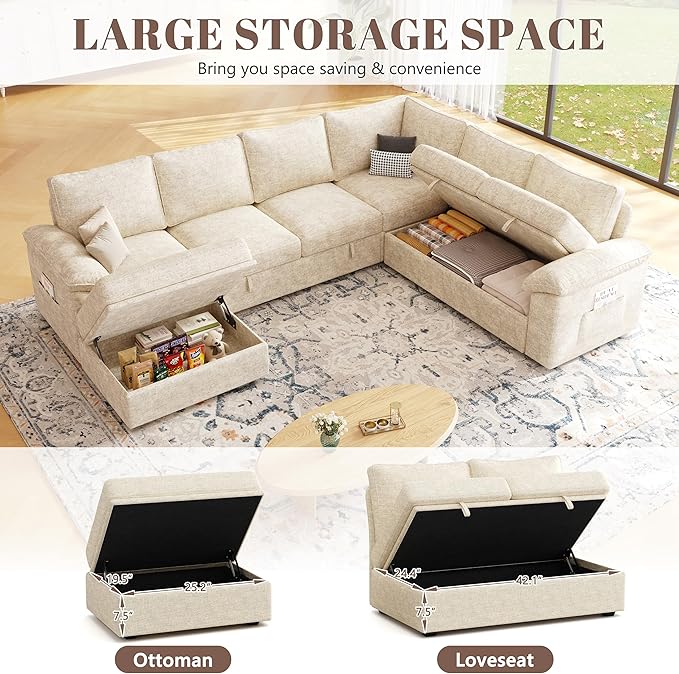 108 Inch Modular Sectional Sofa with Pull Out Bed,U Shaped 7 Seat Sectional Sleeper Sofa with Storage,Sectional Couches for Living Room,Cloud Modular Couch,Removable Sofa Cover,Beige