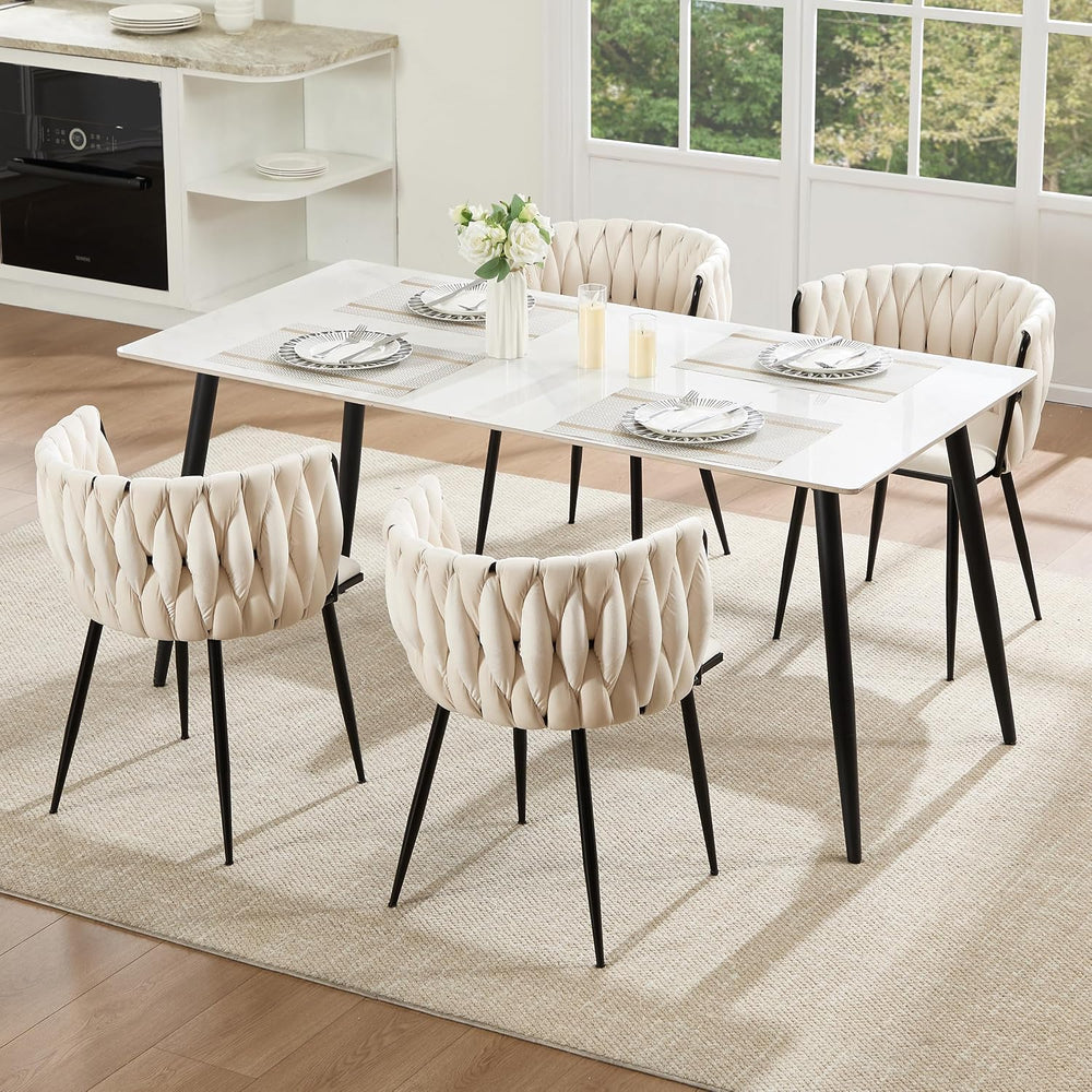 Velvet Dining Chairs Set of 4 with Black Metal Legs,White | Modern Accent Cha...