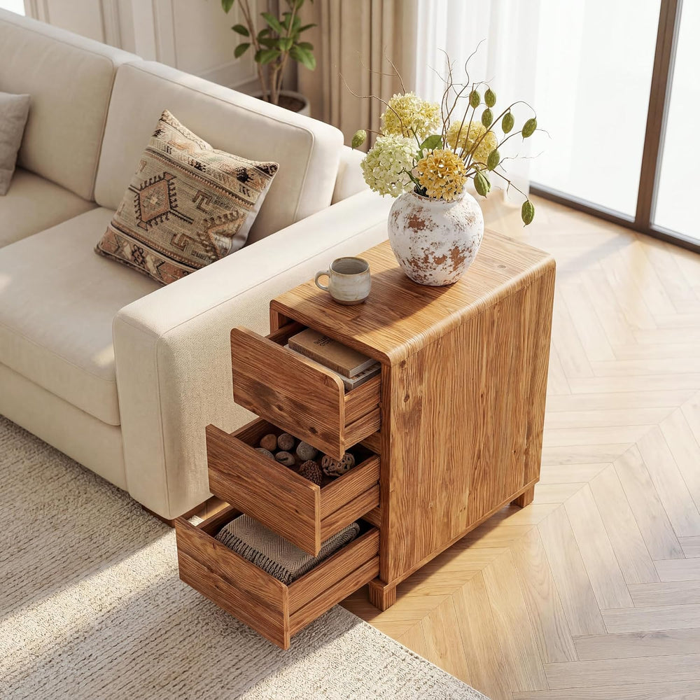 Set of 2 3 Drawers Solid Wood Side End Table for Living Room, Rustic Farmhous...