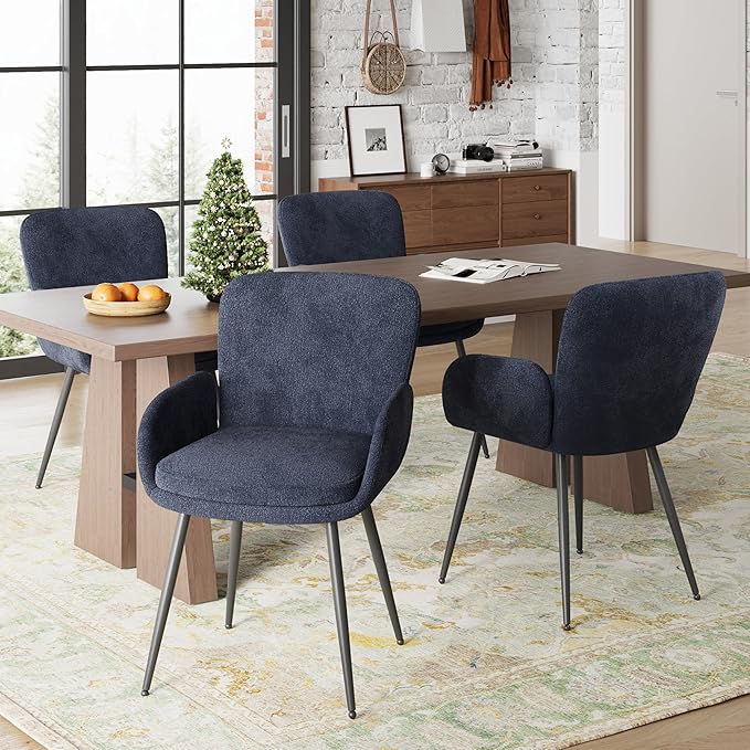 VKNOW Modern Dining Chairs Set of 2, Upholstered Dining Room Chair with Armrest, Kitchen Chairs with Curved Ergonomics Backrest for Living Room, Dining Room, Kitchen, Navy Blue
